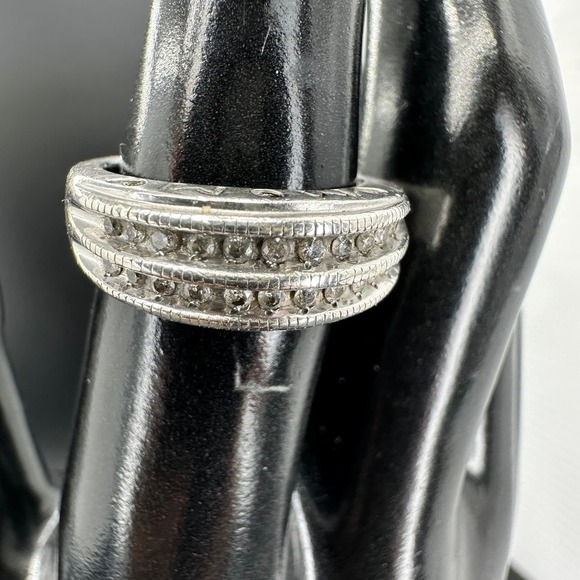 Diamond Ring Double Cluster Sterling Silver Statement "Mom" Carved Open Heart 7 - Picture 4 of 12